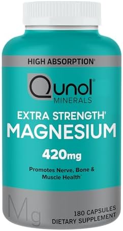 Qunol Magnesium Capsules 420mg, 100% DV, High Absorption Magnesium Supplement, Extra Strength, Bone and Muscle Health Supplement, 180 Count