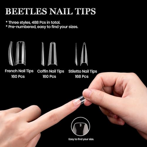 Beetles Acrylic Nails Kit 488 Pcs 3 Styles Clear Coffin Ballerina Stiletto Nail Tips Gel Tips Set False Nails Extension Gel Nail Art Gift for Women - Image 2