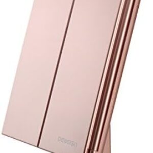 deweisn Dresser Mount Tri-Fold Lighted Vanity Mirror with 21 LED Lights, Touch Screen and 3X/2X/1X Magnification, Two Power Supply Modes Make Up Mirror,Travel Mirror