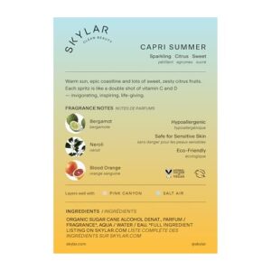 Skylar Capri Summer Eau de Parfum – Hypoallergenic & Clean Perfume for Women & Men, Vegan & Safe for Sensitive Skin – Fruity Citrus Perfume, Bergamot, Neroli & Blood Orange – 50mL /1.7 Fl oz