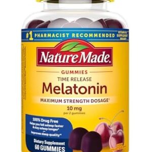 Nature Made Time Release Melatonin 10mg Per Serving Gummies, Maximum Strength Dosage, 100% Drug Free Sleep Aid for Adults, 60 Melatonin Gummies, 30 Day Supply