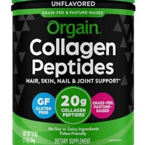Orgain Hydrolyzed Collagen Peptides Powder For Women & Men, 20g Grass Fed Collagen, Unflavored - Hair, Skin, Nail, & Joint Support Supplement, Paleo & Keto, Non-GMO, Type I and III, 1lb