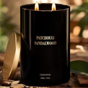 Goodpick Patchouli Sandalwood Candles 22 oz, Candles for Home Scented, Black Soy Candles, Mens Scented Candles, Large Jar Candle, Luxury Aromatherapy Candle, Gifts for Him, Boyfriend, Dad, 2 Wicks