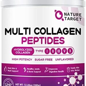 NATURE TARGET Multi Collagen Peptides Powder - Type I, II, III, V, X - Hydrolyzed Collagen Peptides with Vitamin C Hyaluronic Acid, Supports Skin Hair Nail & Joint, Grass-Fed, Non-GMO, 35 Servings