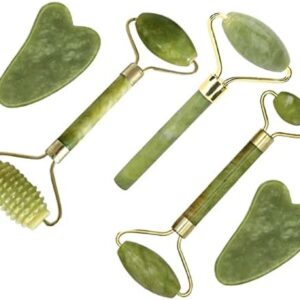 Jade Gua Sha Facial Massager Set - 5 in 1 Skin Care Tools With Roller and Massager