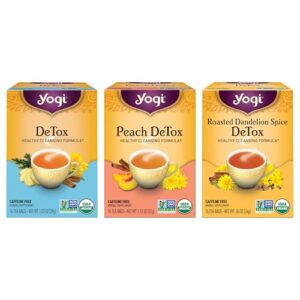 Yogi Tea Herbal DeTox Variety Pack - 16 Tea Bags per Pack (3 Packs) - Organic Detox Tea Sampler - Includes DeTox Tea, Peach DeTox Tea & Roasted Dandelion Spice DeTox Tea - Tea Assortment