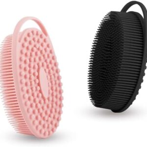 Soft Silicone Body Scrubber 2 PCS Silicone Body Shower, Silicone Loofah 2 in 1 Bath and Shampoo Brush, Body Scrubber Shower Cleaning Exfoliating Use for Sensitive Skin, Lather Well(Black and Pink)