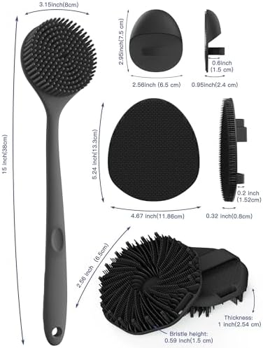 Manmihealth Silicone Back Scrubber & Soft Bath Glove Set 4 PCS(Thick Bristles), Super-Exfoliating Body Scrubber & Super-Lathering Shower Brush Combination, with 2 Free Hooks (Black) - Image 2