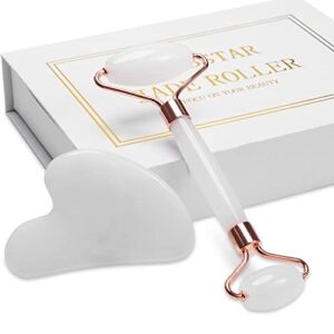 Jade Roller for Face, Facial Roller Massager Skin Care Tool, Gua Sha Facial Tools for Face, Neck, Eyes, Reduce Puffiness of The Skin - White