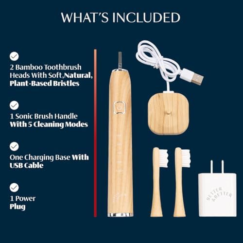 Better & Better Sonic Bamboo Electric Toothbrush for Adults | Rechargeable Electric Bamboo Toothbrush w/Plant-Based Bristles | Soft Bamboo Brush Heads incl. | 5 Cleaning Modes & Long-Lasting Battery - Image 3