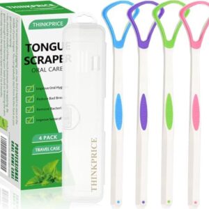 Tongue Scraper Cleaner 100% BPA Free Tongue Scrapers with Travel Handy Case for Adults, Kids, Healthy Oral Care, Easy to Use, Help Fight Bad Breath (4 PACK)