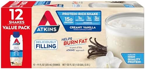 Atkins Creamy Vanilla Protein Shake, 15g Protein, Low Glycemic, 2g Net Carb, 1g Sugar, Keto Friendly, 12 Count