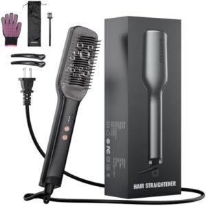Hair Straightener Brush, Negative Ion Flat Iron & Straightening Comb 2 in 1 with Convenient Comb, Fast Heating, Anti-Scalding, 30s Fast Heating, 5 Temp Settings 284℉ - 392℉ (Gunmetal Gray)