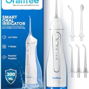 Oralfree Water Dental Flosser Cordless for Teeth Cleaning - 4 Modes Oral Irrigator 300ML Braces Flossers Cleaner, Rechargeable Portable IPX7 Waterproof Powerful Battery for Travel Home