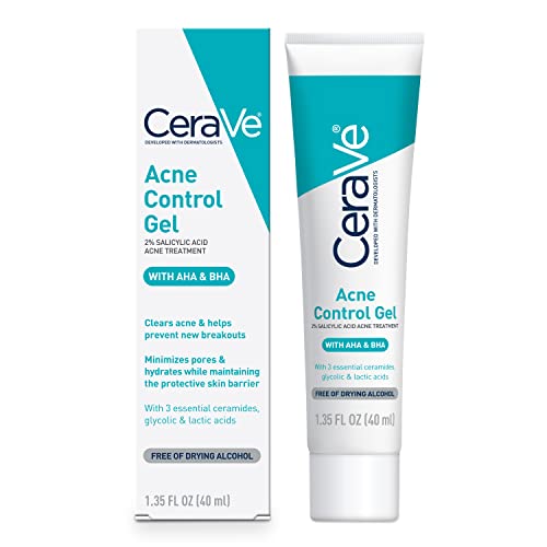 CeraVe Acne Control Gel, 2% Salicylic Acid Acne Treatment With Glycolic Acid + Lactic Acids + Niacniamide, Acne Gel Helps Clear Acne Blemishes Without Over Drying, Alcohol Free & Oil Free, 1.35 Fl Oz