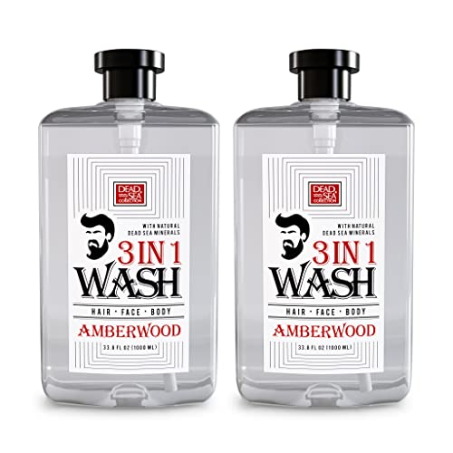 Dead Sea Collection 3 In 1 Body Wash For Men With Pure Amber Wood Oil – All In One Soap For Men – Shampoo, Face Wash, Shower Gel For All Skin Type - Moisturizing Body Wash, 33.8 Fl Oz (2-pack)