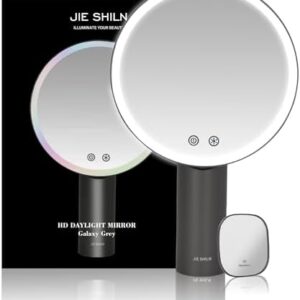 8.9" Makeup Mirror with 3 LED Colors,Touch Screen, 5X Magnified Vanity Mirror, with 360°Rotation, Rechargeable Brightness Dimmable Vanity Mirror, for Bathroom or Bedroom