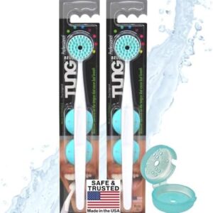 Tung Plastic Tongue Scraper with Protective Caps, Tongue Brush, Tongue Cleaner for Adults, Scrubber, Plastic, Fight Bad Breath and Halitosis | Tongue Scraper Cleaner, Made in America, 2-Pack w/Cap