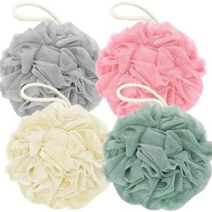 Shower Loofah Bath Sponge, 60G Loofah Exfoliating Body Scrubber, 4 Color Mesh Shower Pouf Balls for Body Wash (Ice Cream)