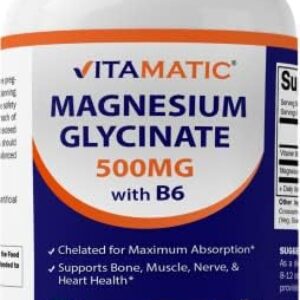 Vitamatic Magnesium Glycinate 500mg per Tablet - 180 Vegetarian Tablets (Uncoated) - Added B6 for Maximum Absorption - Supports Muscle, Joint, and Heart Health