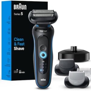 Braun Electric Shaver for Men, Series 5 5150cs, Wet & Dry Shave, Turbo Shaving Mode, Foil Shaver, with Beard Trimmer, Body Groomer and Charging Stand, Blue