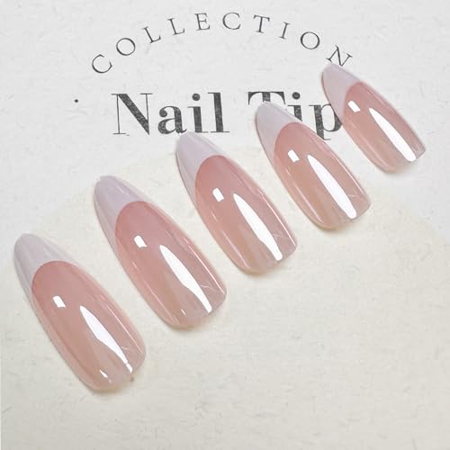 French Tip Press on Nails Medium Almond Fake Nails Press ons with Designs Chrome False Nails Long Glossy Full Cover Glue on Nails Cute Acrylic Stick on Nails for Women Nails Manicure Decoration 24Pcs - Image 3