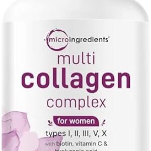 Micro Ingredients Multi Collagen Pills for Women, 240 Capsules | Type I, II, III, V, X with Hyaluronic Acid, Biotin, & Vitamin C | Hydrolyzed Protein Peptides | Keto & Paleo Friendly