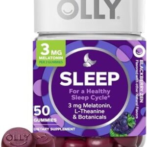 OLLY Sleep Gummy, Occasional Sleep Support, 3 mg Melatonin, L-Theanine, Chamomile, Lemon Balm, Sleep Aid, Blackberry, 50 Count