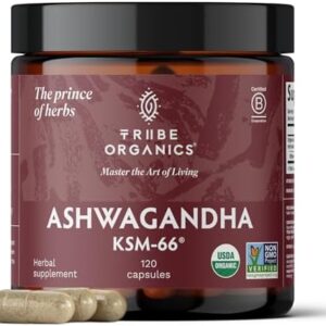 TRIBE ORGANICS Ashwagandha KSM 66 Pure Organic Root Powder Extract Ayurvedic Supplement - Focus, Mood Support, Increase Energy, Strength, 600mg of Natural KSM66 for Superior Absorption - 120 Capsules