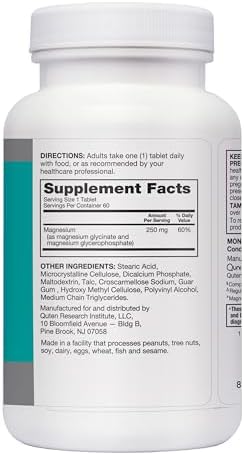 Qunol Magnesium Glycinate Complex, Gentle on Stomach, 250mg One Pill Dose, Superior-Absorption Magnesium, Nerve, Bone and Muscle Health Supplement, 60 Count (Pack of 1) - Image 10