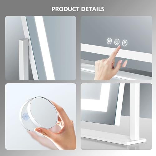 Makeup Vanity Mirror with Lights 15.2" Large LED Lighted Mirror, Hollywood Make Up Mirror with Lighting for Bedroom Tabletop, Smart Touch,Detachable 10X Magnification 360° Rotation, (White) - Image 2