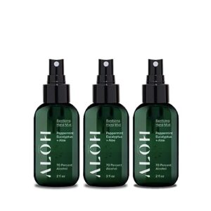 ALŌH Sanitizing Hand Mist 3-pack | Peppermint Eucalyptus + Aloe | 70% Alcohol Hydrating Hand Sanitizer Spray with Essential Oil, for Kids & Adults | 2oz Travel Size Bottle (Set of 3)