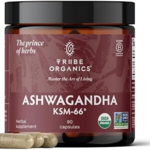 TRIBE ORGANICS Ashwagandha KSM 66 Pure Organic Root Powder Extract Ayurvedic Supplement - Focus Mood Support Increase Energy Strength 600mg of Natural KSM66 for Superior Absorption - 90 Capsules