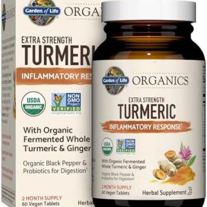 Garden of Life Organics Extra Strength Turmeric Inflammatory Response 60 Tablets-100mg Curcumin (95% Curcuminoids) Black Pepper, Probiotics, Organic Non-GMO Vegan Gluten Free Herbal Supplement