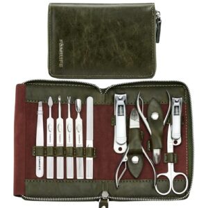 FAMILIFE Manicure Set, Professional Manicure Kit Nail Clippers Set 11 in 1 Stainless Steel Nail Pedicure Tools Kit Grooming Kit with Portable Green Leather Travel Case Luxury Gifts for Women and Men