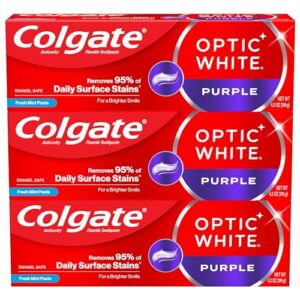 Colgate Optic White Purple Toothpaste for Teeth Whitening, Teeth Whitening Toothpaste with Fluoride, Helps Remove Surface Stains and Polishes Teeth, Enamel-Safe for Daily Use, Mint, 3 Pack, 4.2 oz