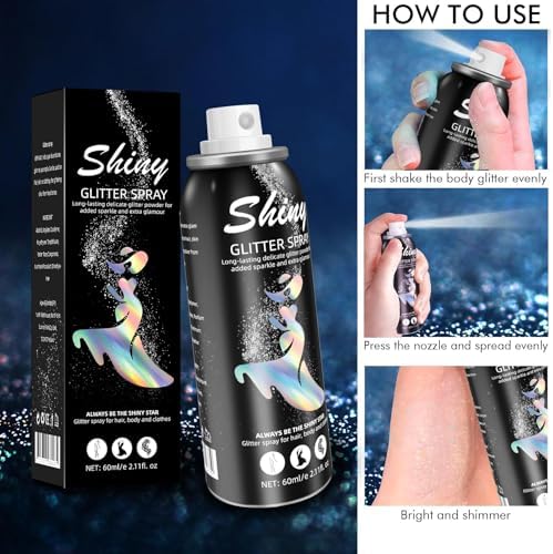 Body Glitter, Body Glitter Spray, Glitter Spray for Hair and Body, Long-Lasting and Quick-Drying Silver Glitter Hairspray Suitable for Stage, Festival Rave and Makeup Prom (2.11 Fl Oz) - Image 6