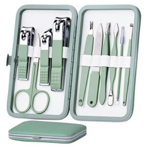 Manicure Set 10 in 1 Stainless Steel, Nail Clippers Scissors Pedicure Tools Kit - Portable Travel Grooming Kit for Men and Women with Leather Case (Jade Green)