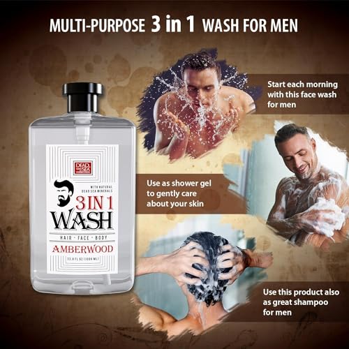 Dead Sea Collection 3 In 1 Body Wash For Men With Pure Amber Wood Oil – All In One Soap For Men – Shampoo, Face Wash, Shower Gel For All Skin Type - Moisturizing Body Wash, 33.8 Fl Oz (2-pack) - Image 4