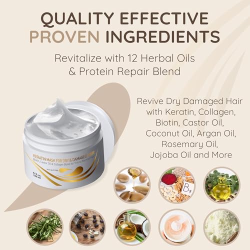 Vitamins Keratin Hair Mask Deep Conditioner - Biotin Collagen Protein & Castor Oil Repair for Dry Damaged or Color Treated Hair - Conditioning Treatment for Curly or Straight Thin Fine Hair - Image 6