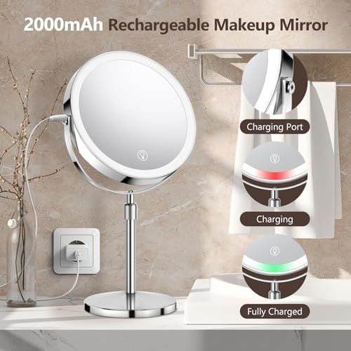 10x Large Lighted Makeup Mirror, Rechargeable 8" Height Adjustable Vanity Mirror, 1x/10x Magnifying Mirror with 3 Color, Brightness Adjustable, 360° Rotation Double Sided Mirror, Gift for Women - Image 6