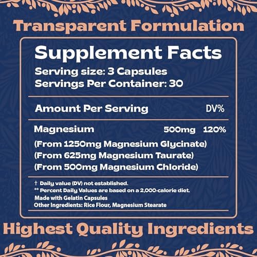 Triple Magnesium Complex 500mg from Magnesium Glycinate 1250mg, Magnesium Taurate 625mg, Magnesium Chloride 500mg - Premium, High Absorption Chelated Magnesium Supplement - 90 Capsules Made in USA - Image 2