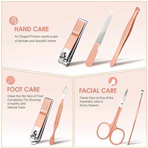 Manicure Pedicure Set Stainless Steel Nail Clippers Personal Nail Clipping Tools Portable Travel Grooming Kit with Snap-shut Case, Rose Gold - Image 2