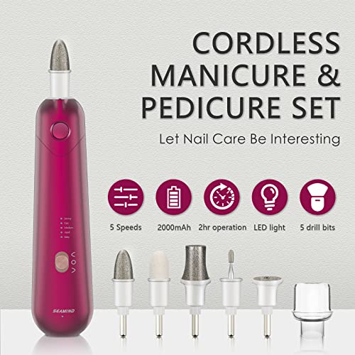 Professional Manicure Pedicure Set, Cordless Electric Nail File Kit, Rechargeable Nail Grinder for Thick Nails, 5 Speeds Hand Foot Nail Care Trimmer Buffer Tools(Red) - Image 2