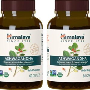 Himalaya Organic Ashwagandha, 120 Day Supply, Herbal Supplement for Stress Relief, Energy Support, Occasional Sleeplessness, USDA Organic, Non-GMO, Vegan, Gluten Free, 670 mg, 60 Caplets, 2 Pack