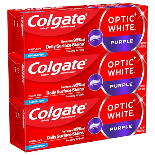 Colgate Optic White Purple Toothpaste for Teeth Whitening, Teeth Whitening Toothpaste with Fluoride, Helps Remove Surface Stains and Polishes Teeth, Enamel-Safe for Daily Use, Mint, 3 Pack, 4.2 oz - Image 9