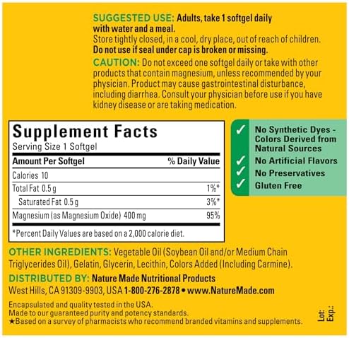 Nature Made Extra Strength Magnesium Oxide 400 mg, Magnesium Supplement for Muscle, Nerve, Bone and Heart Support, 110 Softgels, 110 Day Supply - Image 5