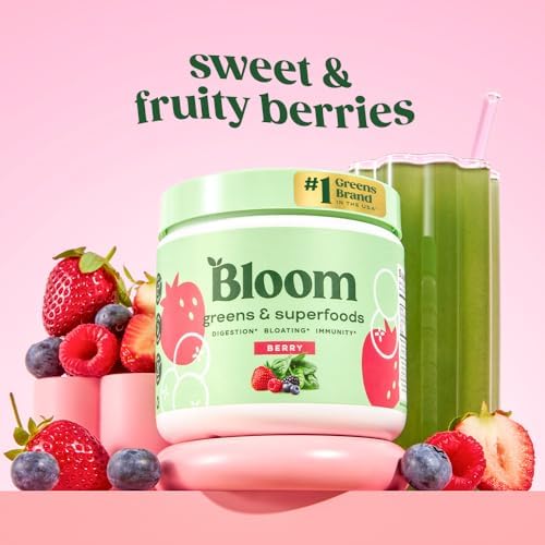 Bloom Nutrition Superfood Greens Powder, Digestive Enzymes with Probiotics and Prebiotics, Gut Health, Bloating Relief for Women, Chlorella, Green Juice Mix with Beet Root Powder, 30 SVG, Berry - Image 2