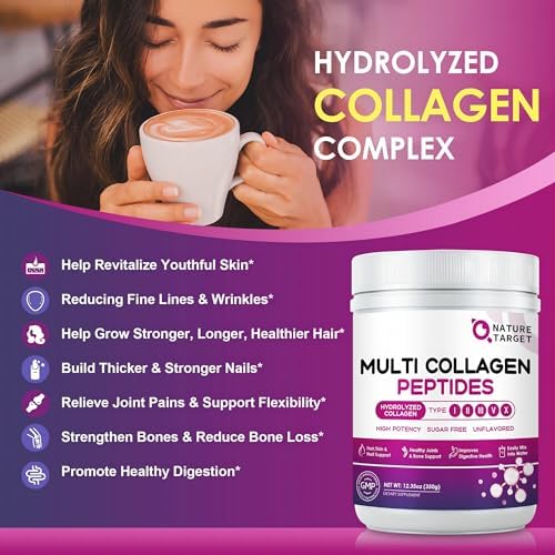NATURE TARGET Multi Collagen Peptides Powder - Type I, II, III, V, X - Hydrolyzed Collagen Peptides with Vitamin C Hyaluronic Acid, Supports Skin Hair Nail & Joint, Grass-Fed, Non-GMO, 35 Servings - Image 3