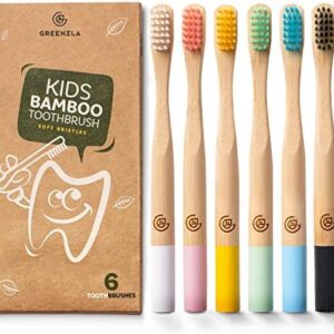 GREENZLA Kids Bamboo Toothbrushes (6 Pack) BPA Free Soft Bristles Eco-Friendly, Natural Toothbrush Set Biodegradable & Compostable Charcoal Wooden